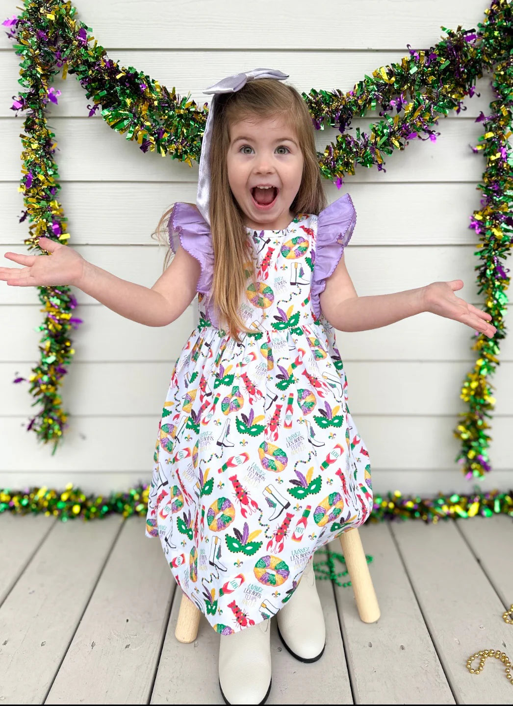 Mardi Gras Toddler Girl Ruffle Sleeve Dress