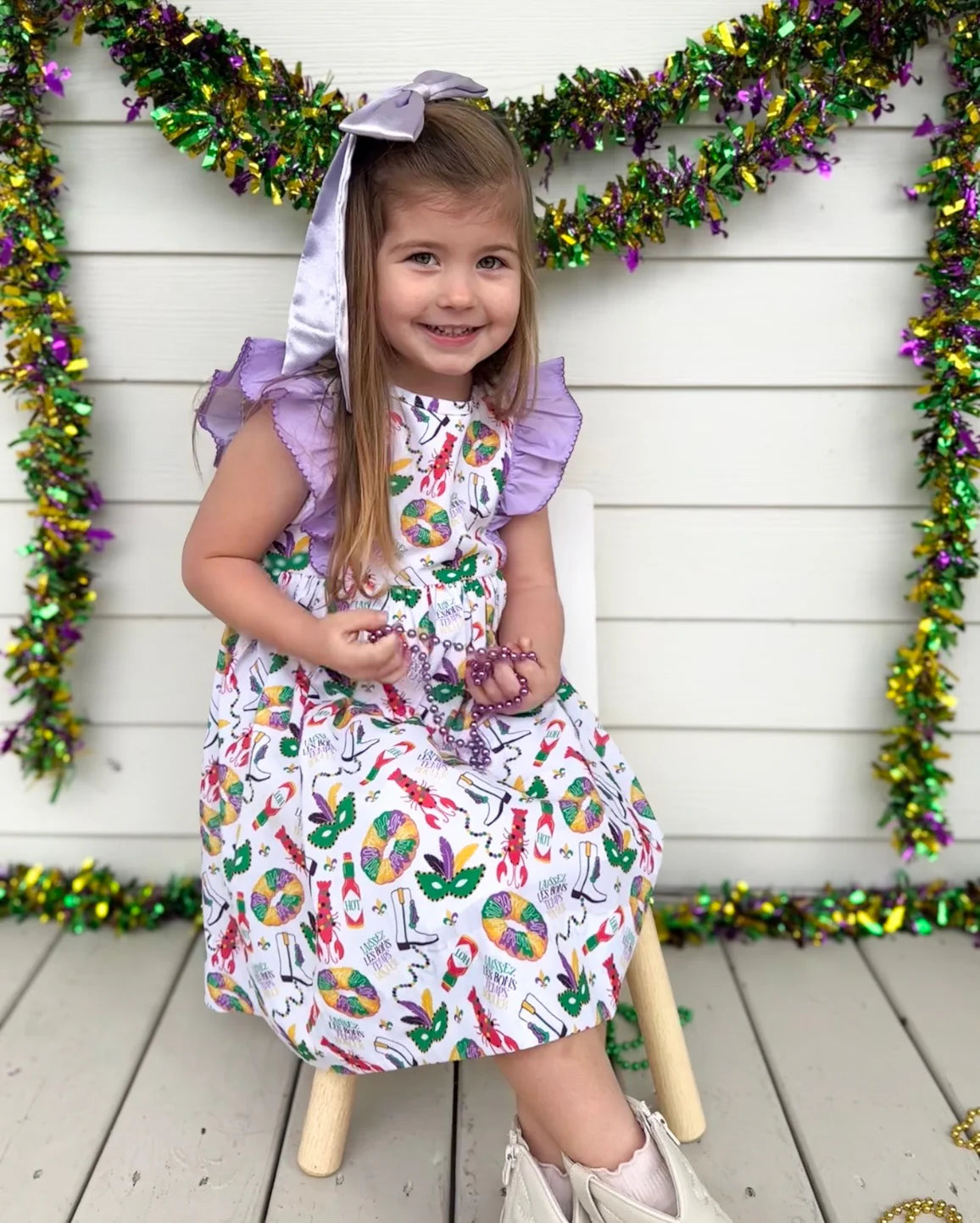 Mardi Gras Toddler Girl Ruffle Sleeve Dress