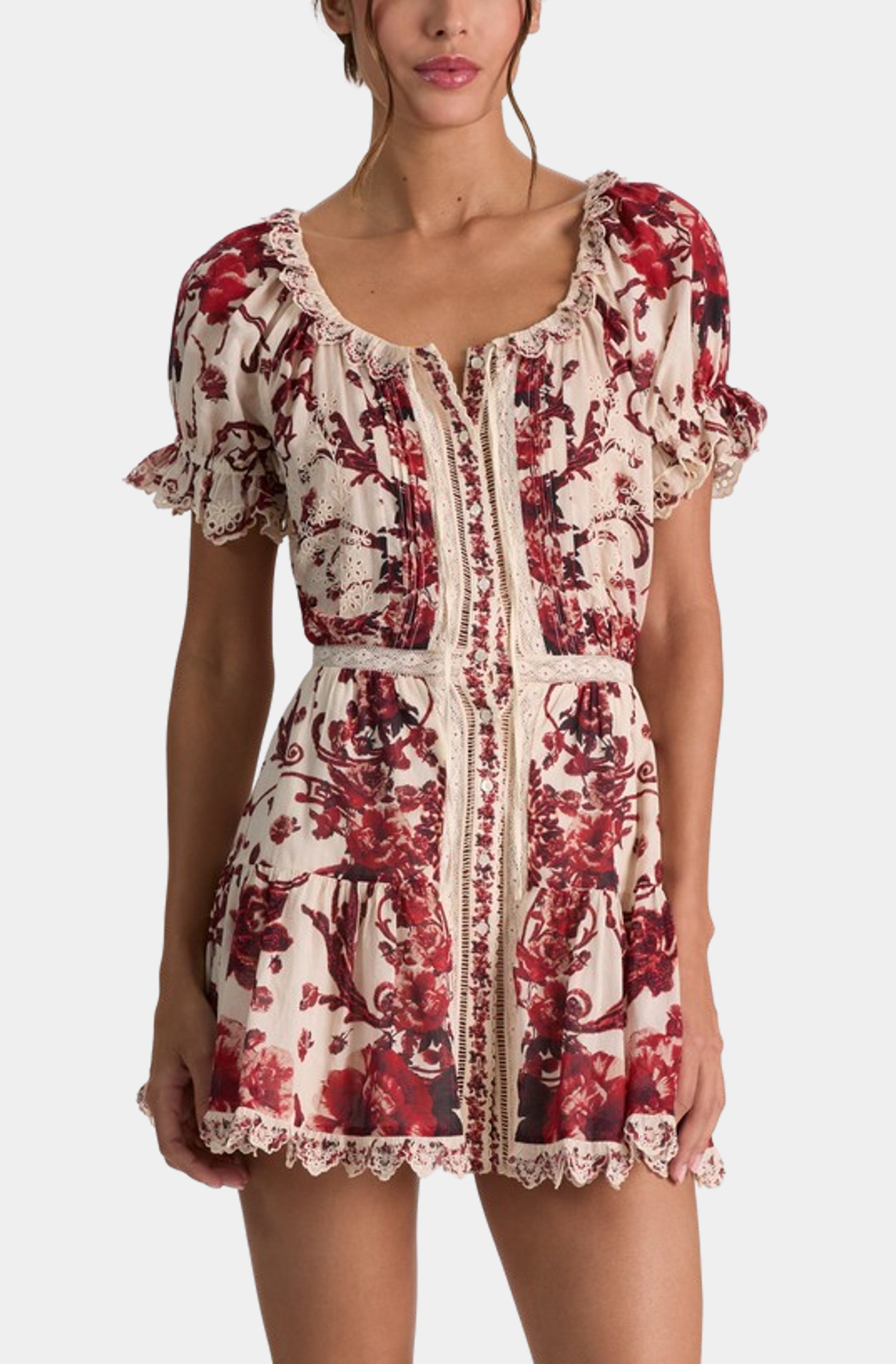 Mclaine Embroidered Puff Sleeve Button Down Tiered Mini Dress