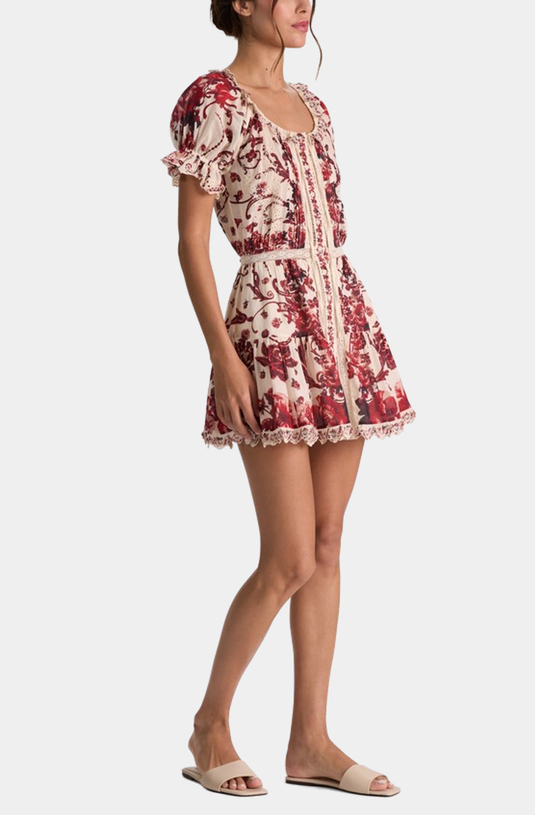 Mclaine Embroidered Puff Sleeve Button Down Tiered Mini Dress