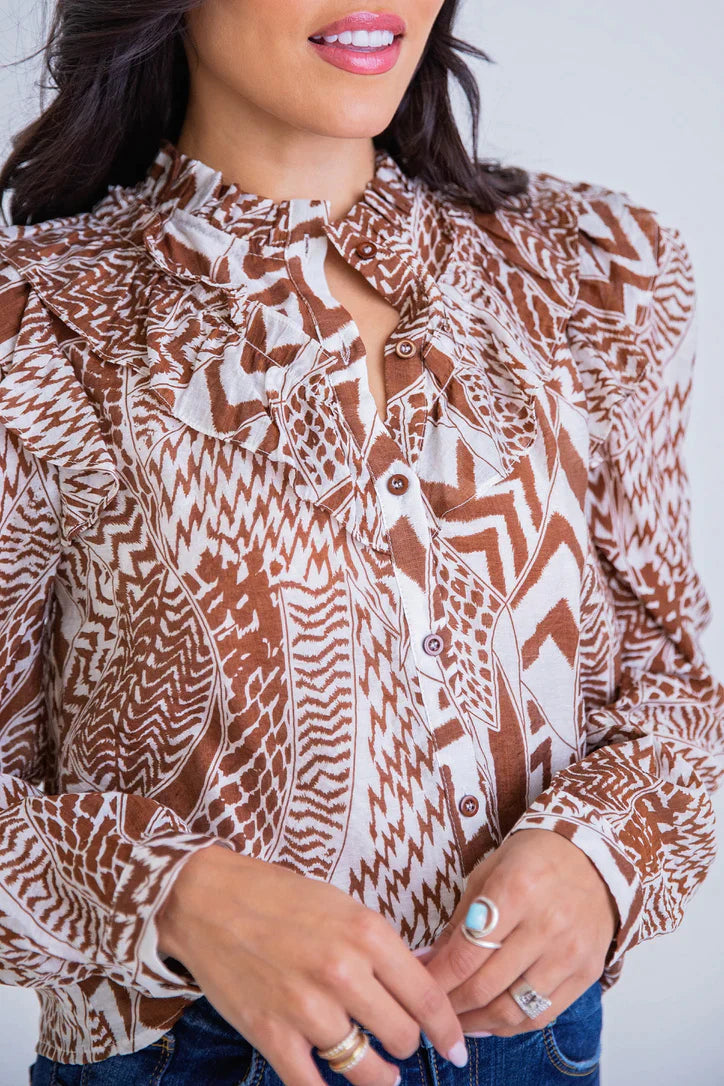 Geo Tribal Ruffle Button Down