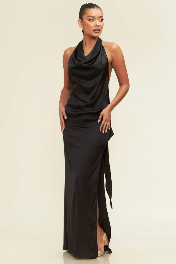 Halter Maxi Satin Drape Dress